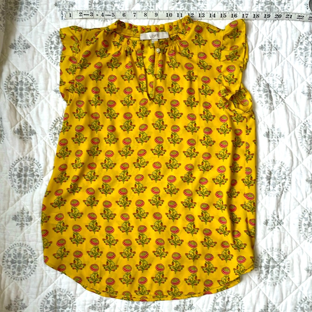 LOFT Yellow Pink Floral Shirt Ruffle Neck & Sleeve Small